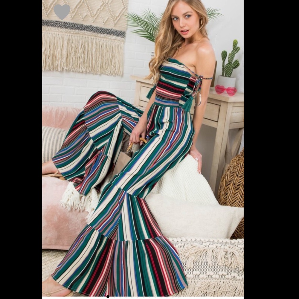 Stripe Off Shoulder Wide Bottom Jumpsuit - Picture 1 of 6